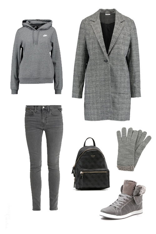 look book november trend monochrome winter outfits grau hoodie karo mantel